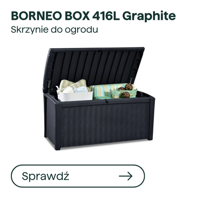 Graphite Borneo Box 416L garden storage chest open, rattan-effect resin with cushions and throws inside