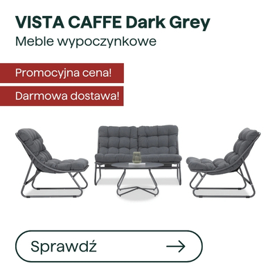 VISTA CAFFE dark grey lounge furniture set — two armless cushioned chairs, two-seater sofa and metal-framed coffee table