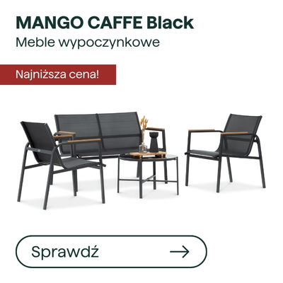 MANGO CAFFE Black outdoor lounge set — two armchairs, two-seat sofa and coffee table in black aluminium with wooden armrests