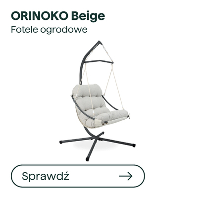 ORINOKO Beige garden hanging chair with beige cushioned seat and black metal stand — outdoor swing for patio or garden