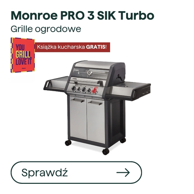 Monroe PRO 3 SIK Turbo stainless-steel gas barbecue grill with hood, three knobs, side shelves and wheeled storage cabinet