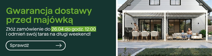 Banner offering delivery guarantee before May holiday with deadline, showing modern house and family on a furnished terrace under a pergola