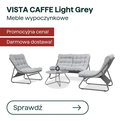 VISTA CAFFE light grey cushioned outdoor lounge set with two armchairs, two-seater sofa and round coffee table on metal frames