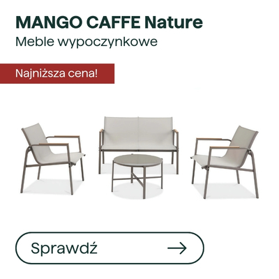 MANGO CAFFE Nature four-piece outdoor lounge set: two armchairs, two-seater sofa and round coffee table with beige cushions