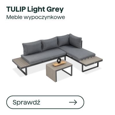 TULIP light grey outdoor lounge set – L-shaped sofa with cushions, slatted side benches and coffee table on black metal frame