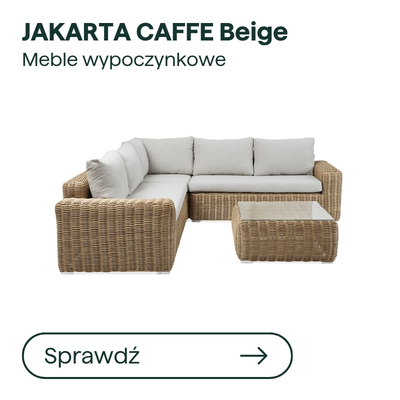 JAKARTA CAFFE Beige rattan corner sofa set with beige cushions and glass-top coffee table, modern outdoor lounge furniture