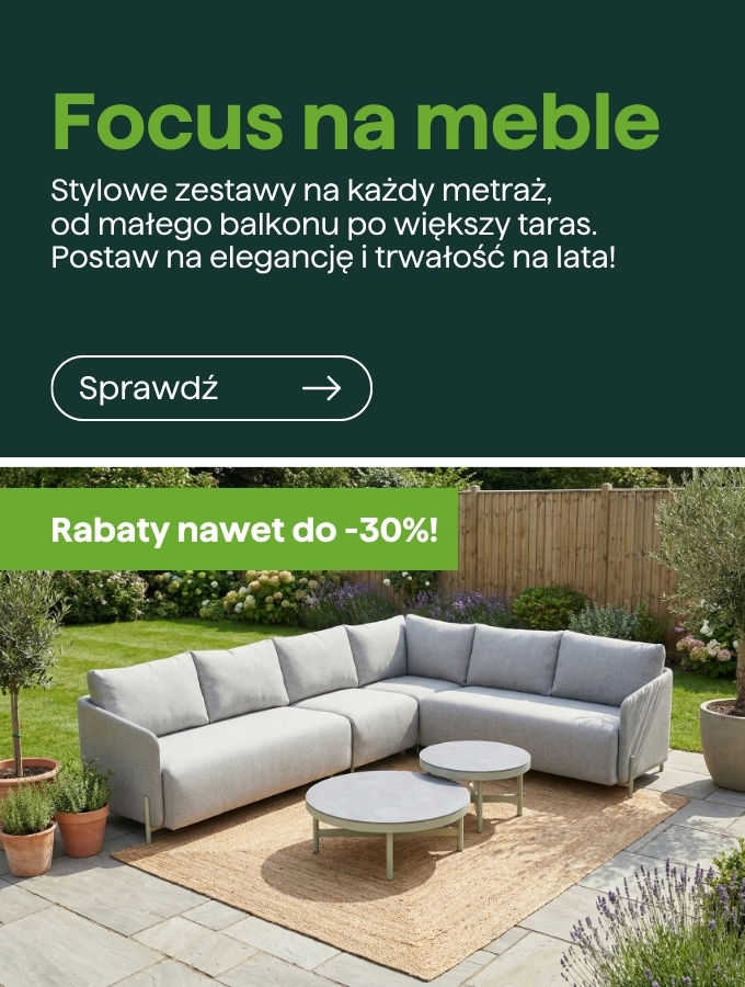Grey modular L-shaped outdoor sofa and two round coffee tables on a jute rug in a garden patio, promotional 'up to 30% off' banner