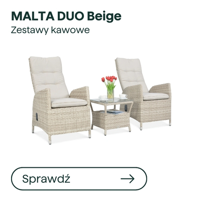 Malta DUO beige coffee set — two beige wicker reclining armchairs with cushions and a small table with coffee cups and tulips