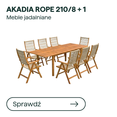 Akadia Rope 210 wooden outdoor dining table set with eight rope-back folding chairs on white background