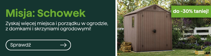 Brown metal garden shed on lawn beside white fence and trees, stacked firewood and plants, green badge 'up to 30% off'.