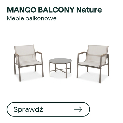 MANGO BALCONY Nature two beige balcony armchairs with metal frames and a round side table – outdoor balcony furniture set