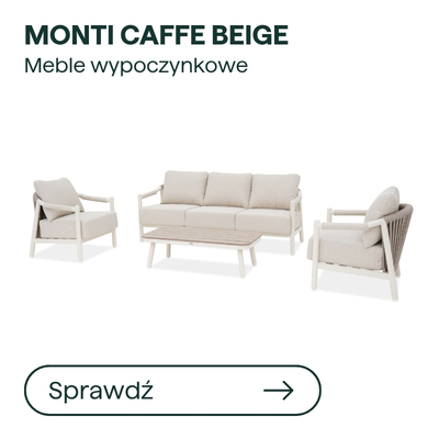 Monti Caffe Beige outdoor lounge set - beige three-seater sofa, two armchairs and coffee table on white background