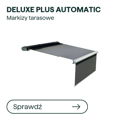 Deluxe Plus Automatic motorised retractable terrace awning in grey with front valance, modern outdoor sunshade