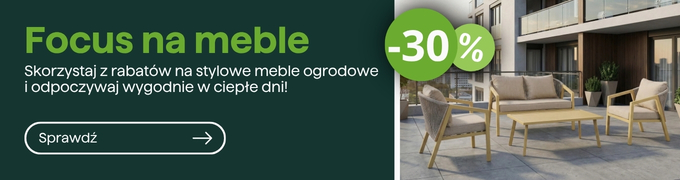 Promotional banner showing modern outdoor garden furniture set on patio with 30% off badge