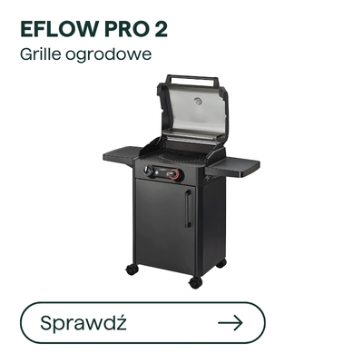 Eflow Pro 2 black gas garden grill with open stainless-steel hood, two side shelves and storage cabinet on caster wheels