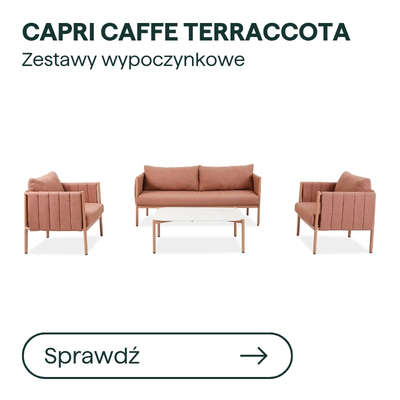 Capri Caffe terracotta lounge set — sofa, two armchairs and white coffee table on wooden frames