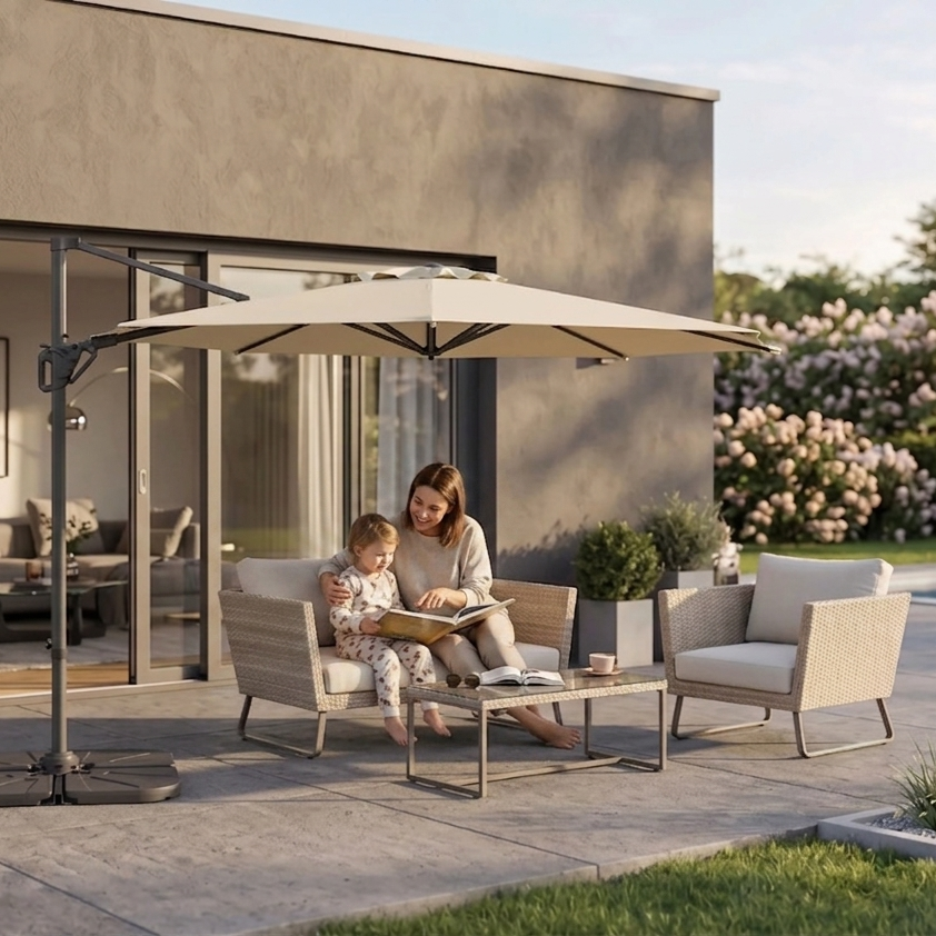 Mother reading to young child on a modern patio sofa under a beige cantilever parasol, with garden and contemporary house background
