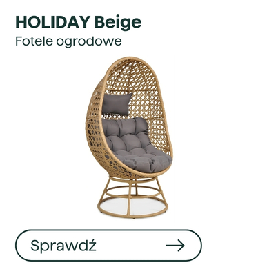 Beige rattan hanging egg garden chair with grey tufted cushions on a swivel metal base, outdoor patio chair