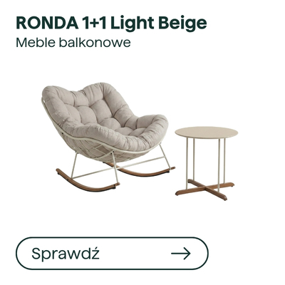 RONDA 1+1 light beige balcony furniture set: cushioned rocking chair and small round side table