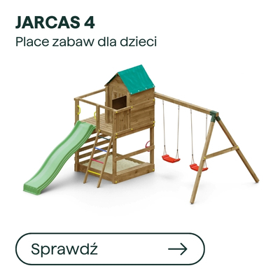 JARCAS 4 wooden children's playset with climbing ladder, green slide, roofed playhouse and two red swings