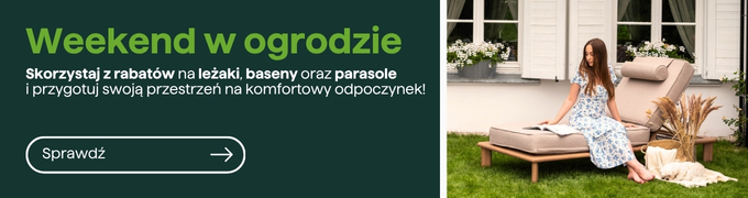 Promotional banner showing a woman relaxing on a sun lounger in a garden with a dog, outdoor furniture and plants.