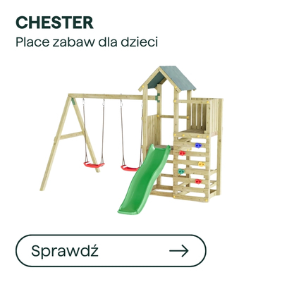 Chester wooden children's playset with two swings, green slide, climbing wall and raised play tower
