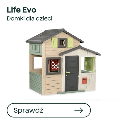 Life Evo children's playhouse with grey roof, beige and green panels, front door and red mailbox