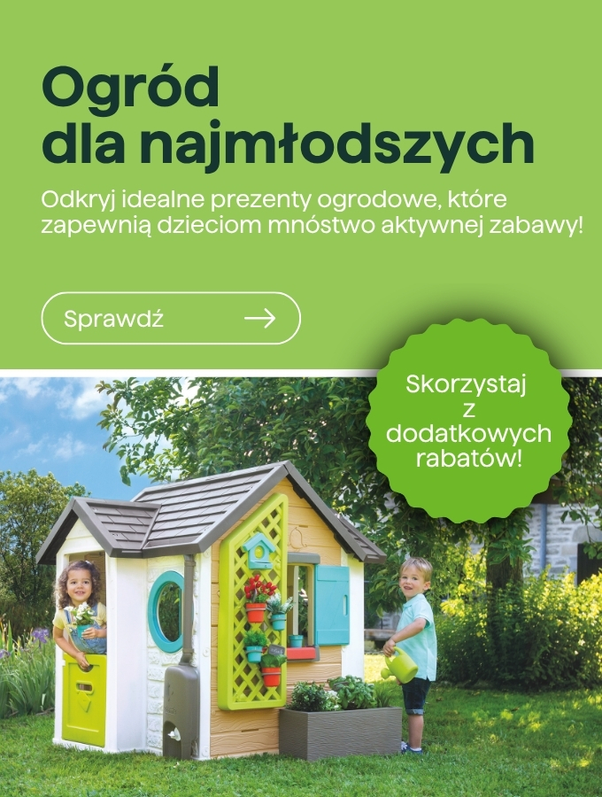 Two children playing in a colourful plastic playhouse in a sunny garden with a promotional badge for extra discounts