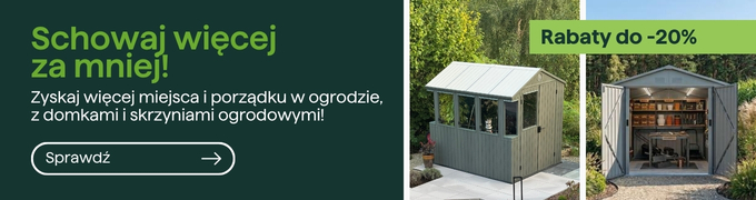 Promotional banner showing two garden storage sheds and greenery, promoting garden organisation with discounts up to 20%
