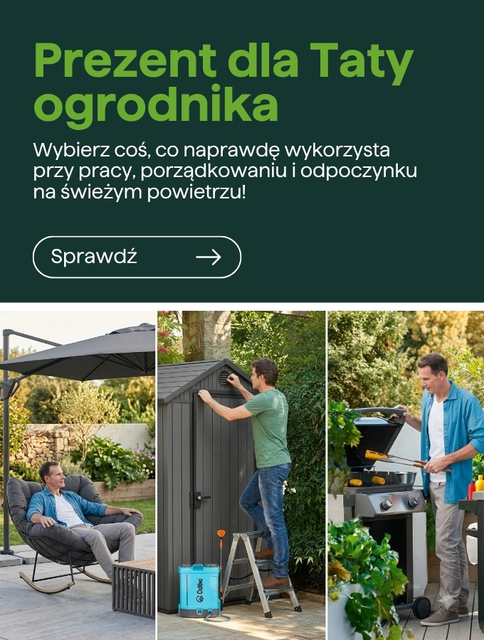 Three-panel image: gardening dad relaxing in a patio chair, assembling a garden shed, and barbecuing — outdoor gift ideas