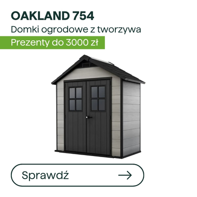 Oakland 754 plastic garden shed in grey with black double doors — compact storage shed, promotional offer up to 3000 zł