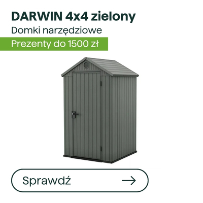 Green DARWIN 4x4 metal garden tool shed, compact single-door vertical panel design with padlockable handle