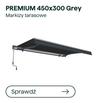 Premium 450x300 grey retractable terrace awning with hand-crank and slim metal frame, modern outdoor shading