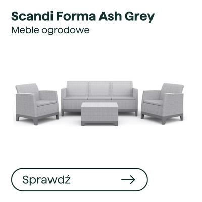 Scandi Forma Ash Grey garden furniture set — ash-grey rattan three-seat sofa, two armchairs and ottoman on white background