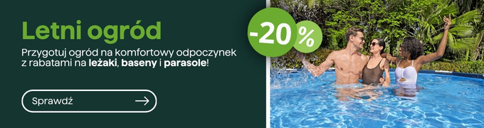 Three friends enjoying a backyard pool in a summer garden — promotional banner offering 20% off sun loungers, pools and parasols
