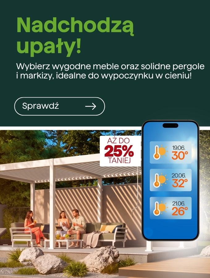Three people relaxing under a modern pergola with outdoor furniture, smartphone weather forecast showing hot temperatures and an 'up to 25% off' badge