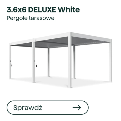 White 3.6×6 m deluxe aluminium terrace pergola with adjustable slatted roof and four slim posts