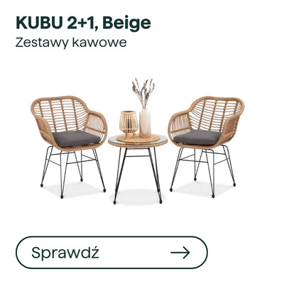 KUBU 2+1 beige coffee set — two rattan-style armchairs with grey seat cushions and round rattan side table on black metal legs