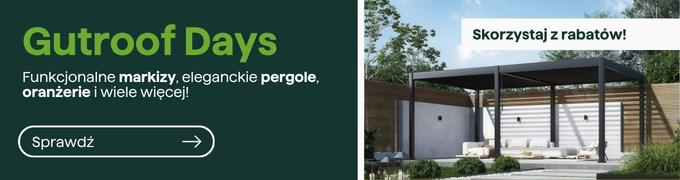 Gutroof Days banner showing a modern pergola over an outdoor lounge, advertising awnings, pergolas and conservatories with discount offer