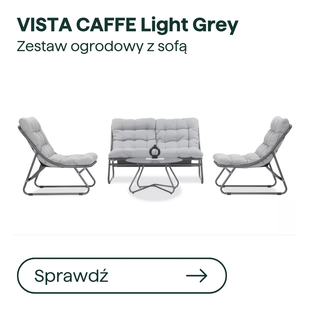 VISTA CAFFE Light Grey garden sofa set with cushioned two‑seater sofa, two lounge chairs and metal coffee table on white background