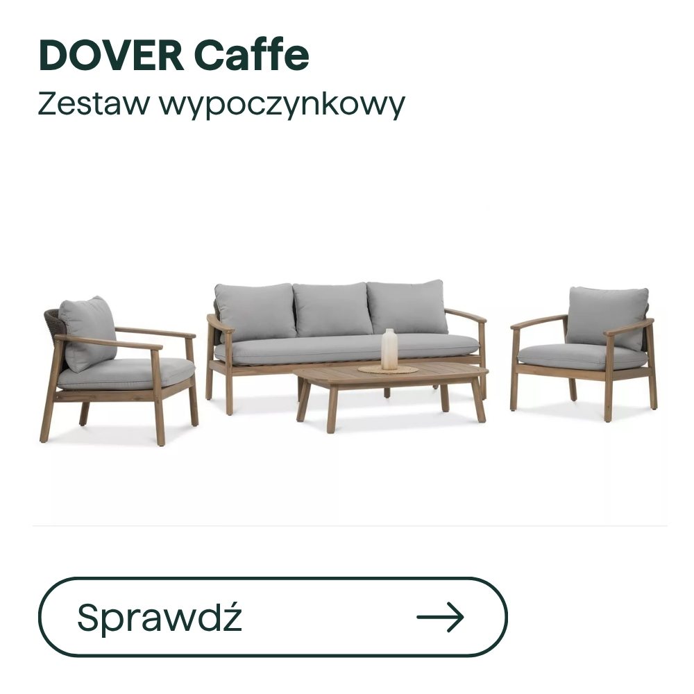 DOVER Caffe grey cushioned outdoor lounge set – three-seater sofa, two armchairs and wooden coffee table on white background