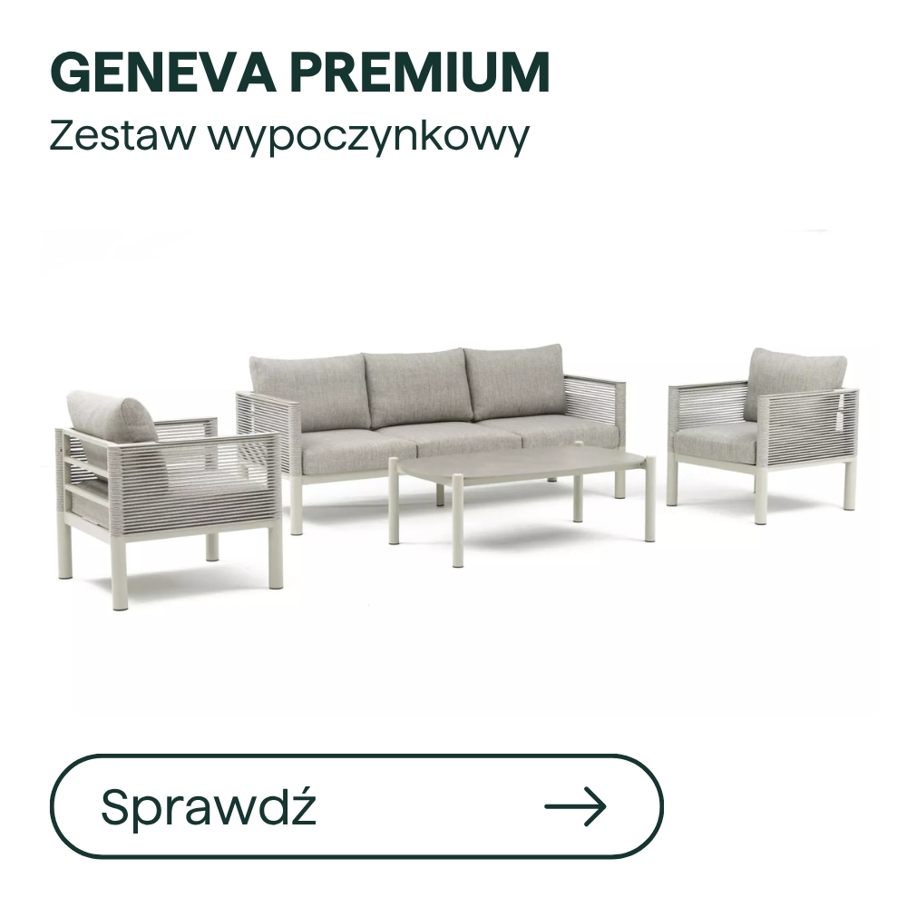 Geneva Premium grey outdoor lounge set with three‑seat sofa, two armchairs and coffee table on white background