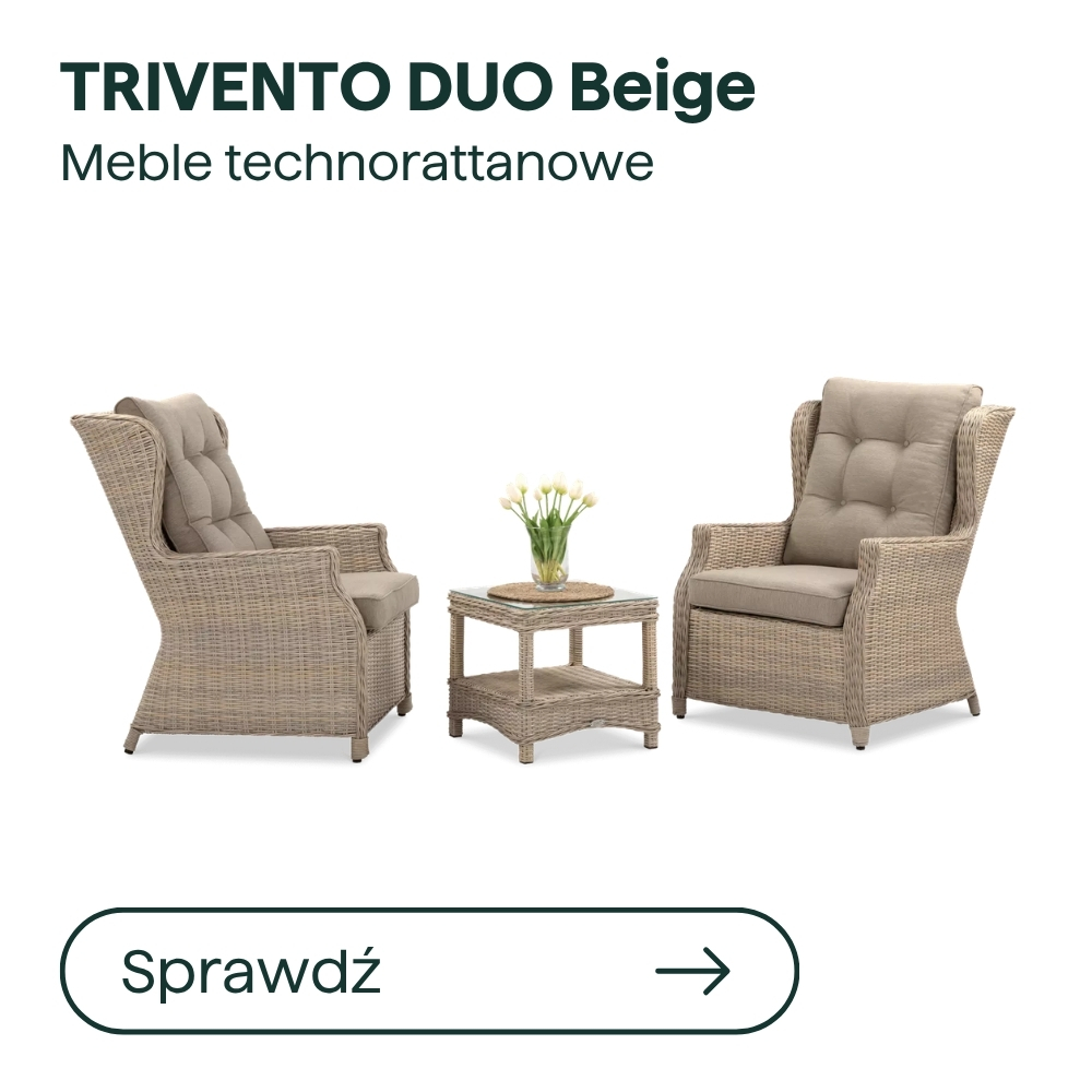 Beige TRIVENTO technorattan pair of cushioned high-back armchairs with matching square side table and vase of white tulips