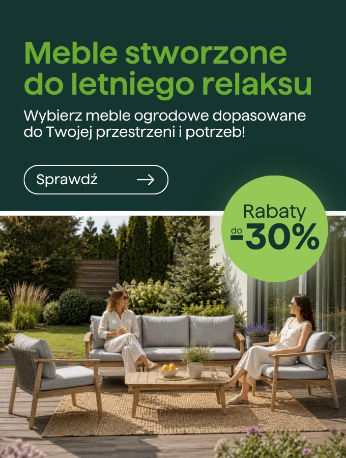 Modern wooden garden furniture set with grey cushions, coffee table and rug on patio; two women relaxing amid greenery, 30% off badge