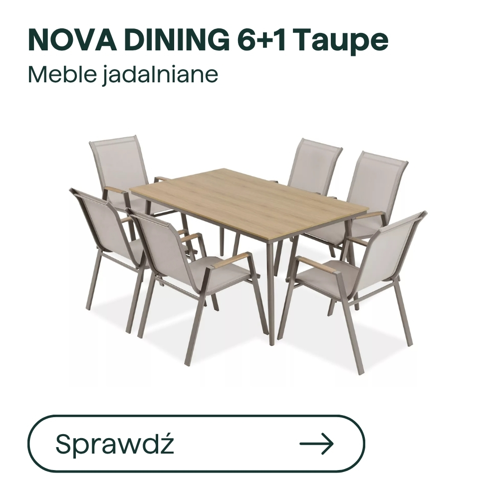 NOVA DINING 6+1 Taupe outdoor dining set — rectangular wood-effect table with seven taupe sling chairs (six side chairs and one armchair) on metal frames