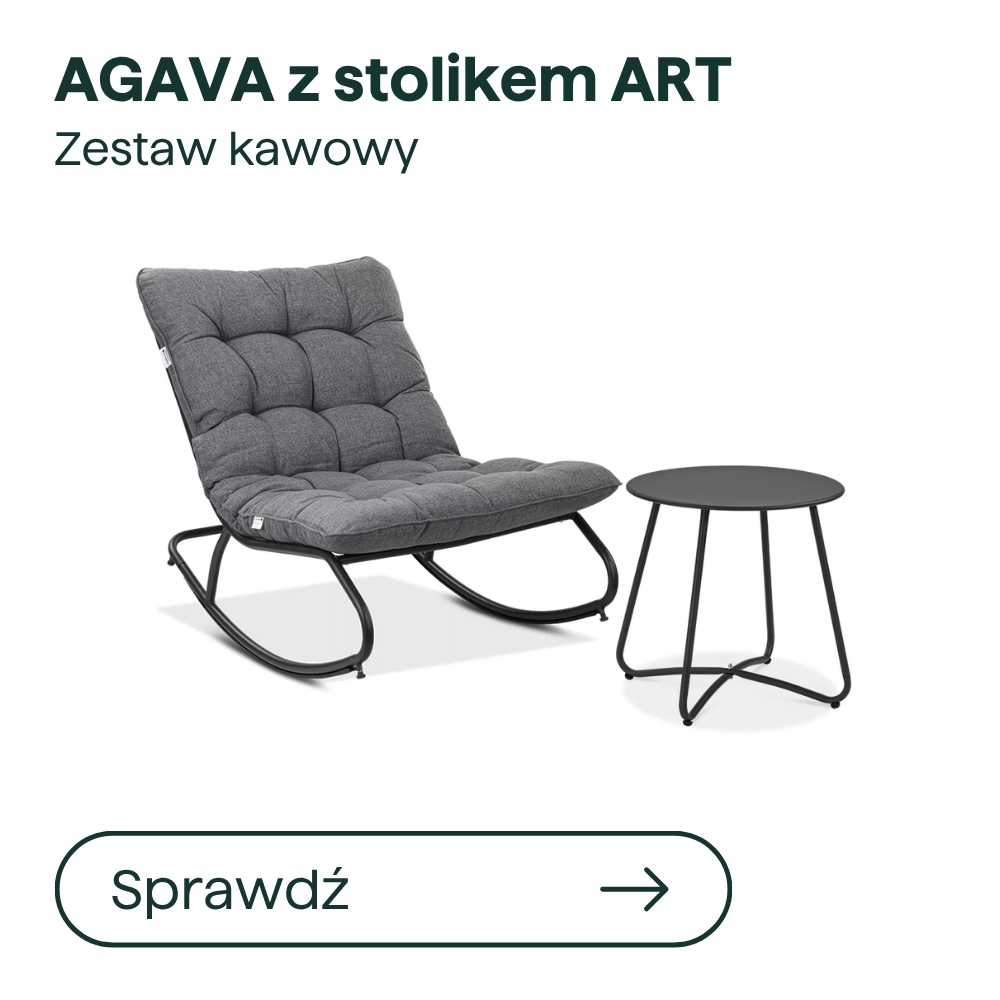 Grey cushioned rocking lounge chair with black metal frame and matching round black side table - coffee set