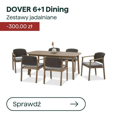 Dover 6+1 dining set: wooden table with seven grey-cushioned chairs, modern outdoor furniture on white background