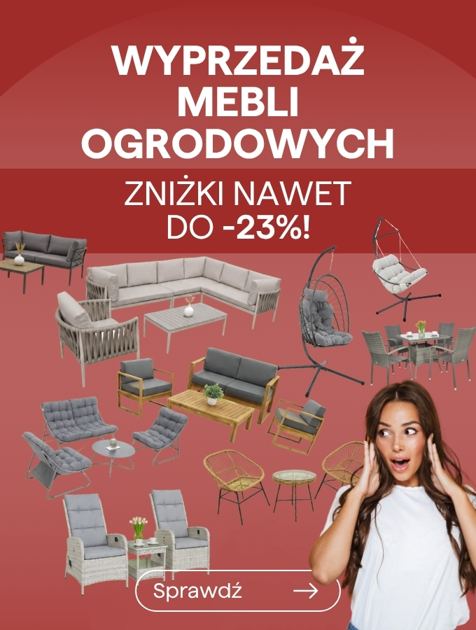 Collage of outdoor garden furniture and a surprised woman with banner text 'Garden furniture sale — discounts up to 23%'