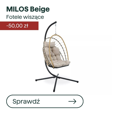 MILOS beige hanging egg chair with padded cushion on black metal stand