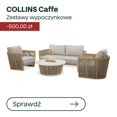 COLLINS Caffe outdoor rattan lounge set with beige cushions — three-seater sofa, two armchairs and round coffee table, on sale